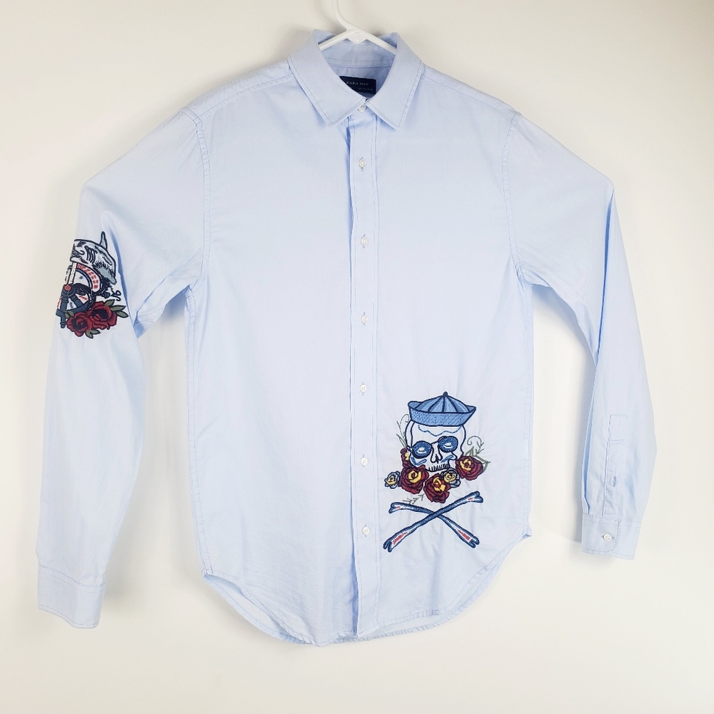 Zara Man embroidered scalp roses Button down Shirt